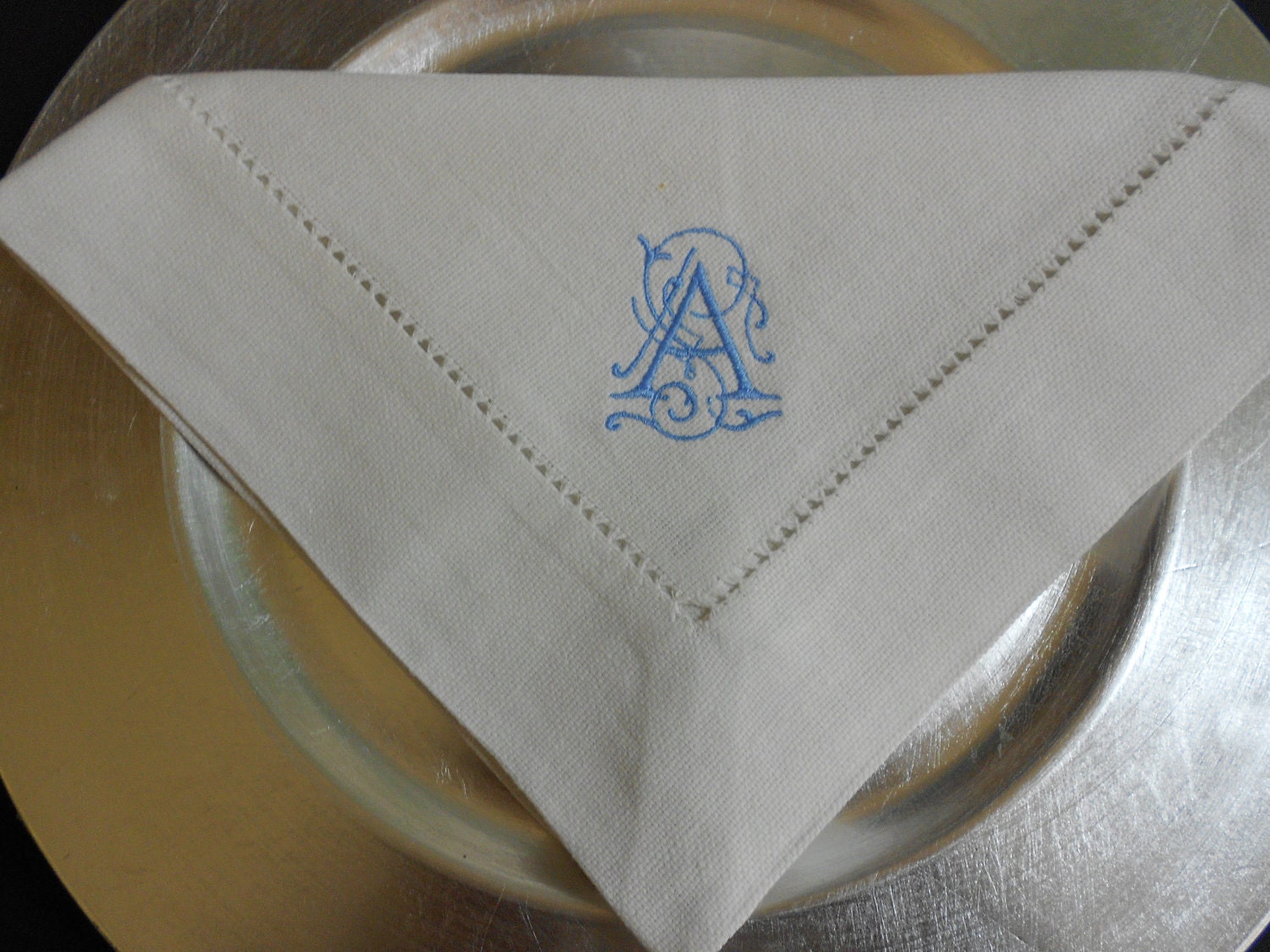 Monogrammed Set of 6 Linen-Like Hemstitched 20x20" Dinner Napkins, font shown ORNAMENTAL.