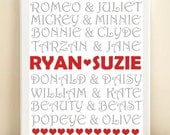 Personalized Famous Couples Names Typography Print: 8x10 Wedding Engagement Gift, Gray & Red