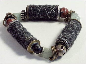 Handmade Mixed Media Industrial  Bracelet with Felt Beads and Metal Found Objects