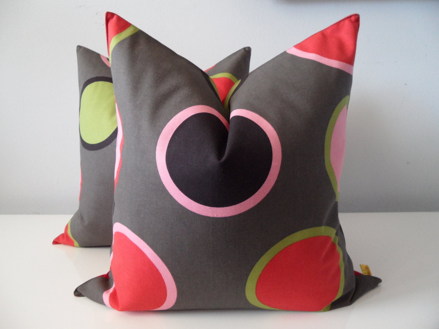Decorative Pillow Cover Colorful Circles Bloomcraft Screen Print Gray With Pink Red Black Green Circles Custom Size Modern Handmade Cotton