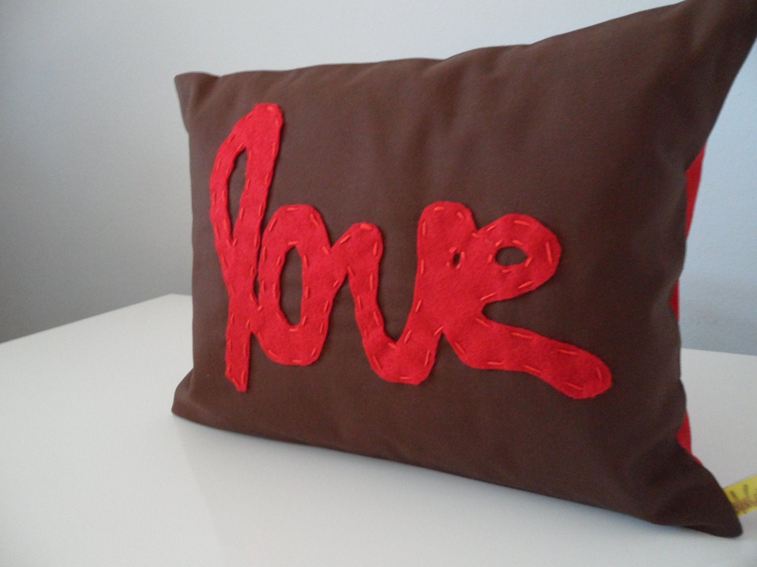 Custom Applique Love Pillow Chocolate Brown With Red Love Applique Handmade