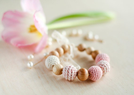 Crochet Teething Nursing bracelet with vintage lace in spring bloom blossom Baby pale pink and Cream white