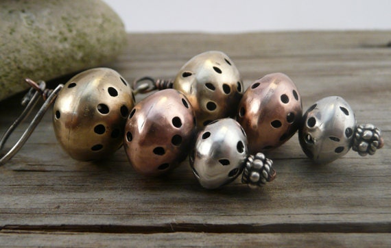Dangle Earrings, Drop Bead Earrings, Hollow form Earrings, Mixed Metal Earrings, Sterling Silver, Copper, Brass