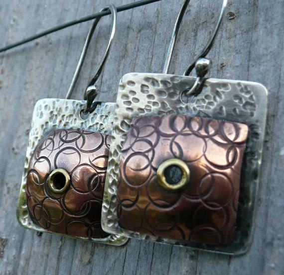 Dangle, Drop Earrings, Cold Connections, Sterling Silver, copper, brass