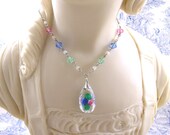 Art Deco Sterling Silver Crystal  Drop Millefiori Glass Necklace 1920s