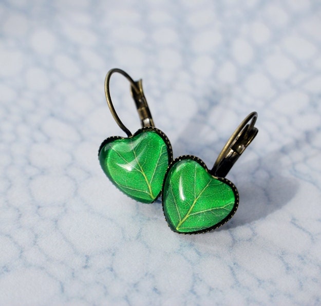 Leaf Earrings Green Leaf Wearable Art Earrings Antique Brass Spring Dangle