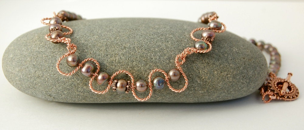 Pearl Necklace - Copper Wire Wrapped Freshwater Pearls - MiscellaneaEtcetera