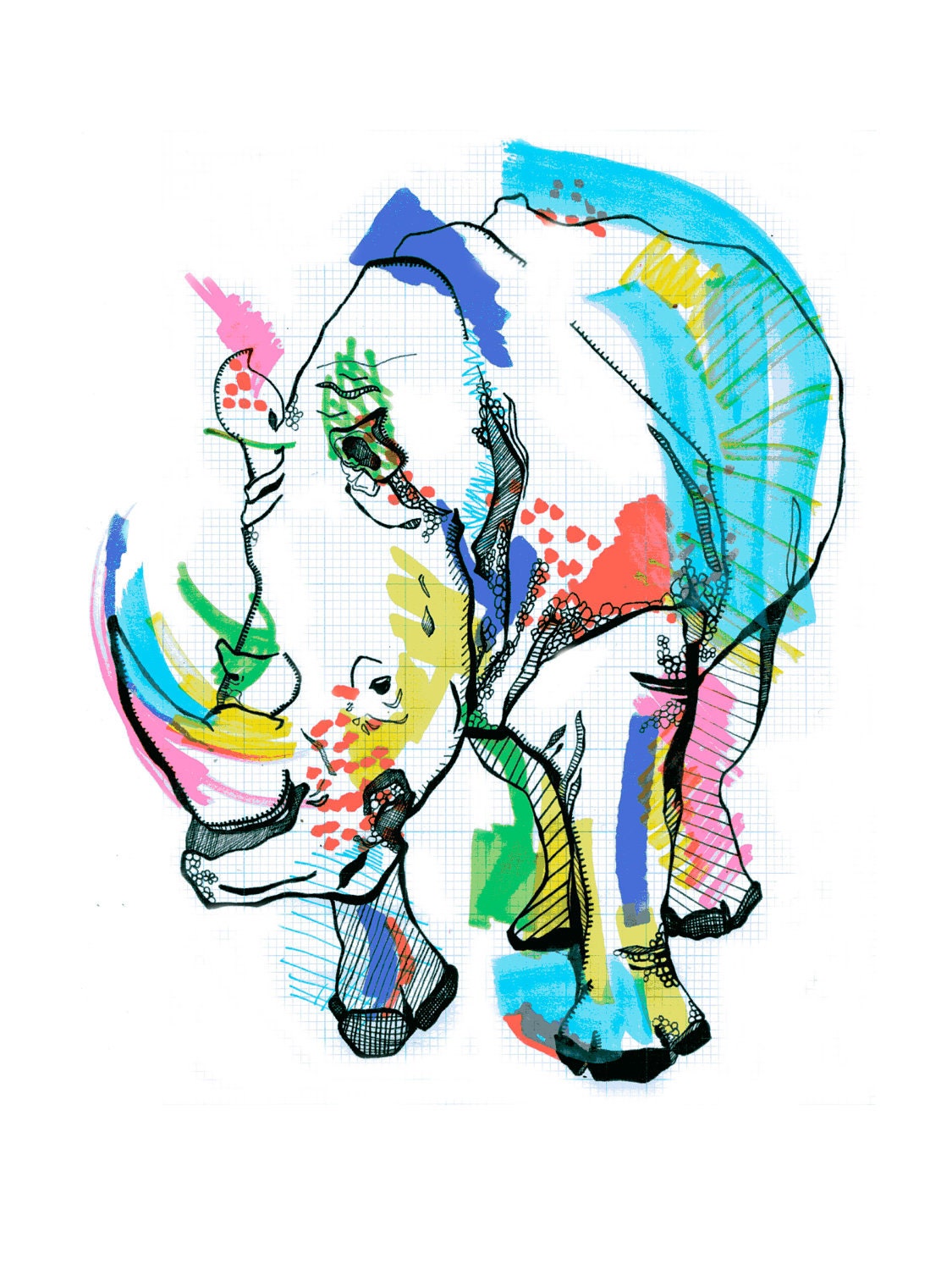 RHINO illustration limited edition print A5