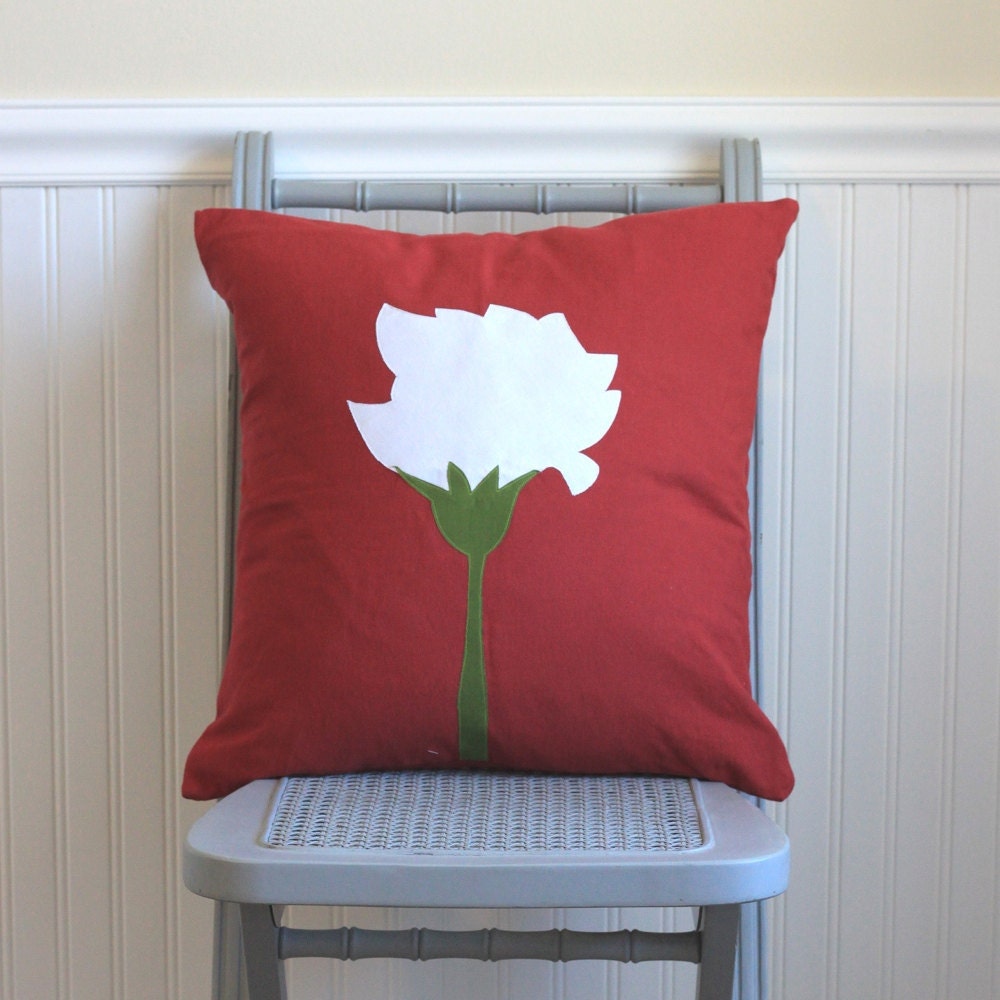 red applique carnation pillow cover, 20X20 red and white