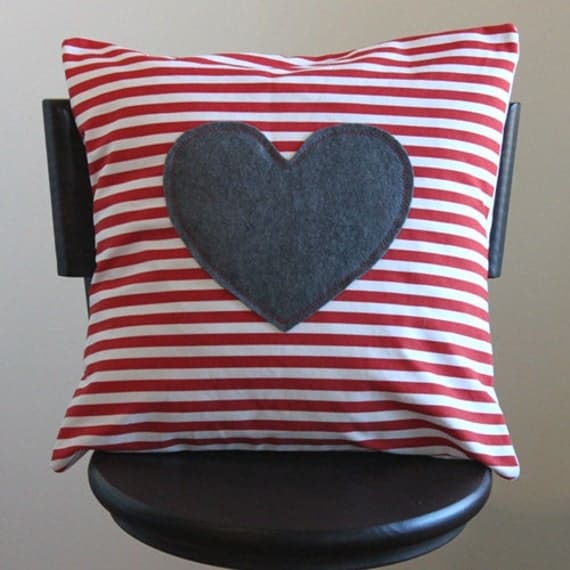 red and white striped pillow cover with gray appliqued heart, valentines day decor