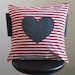 red and white striped pillow cover with gray appliqued heart, valentines day decor