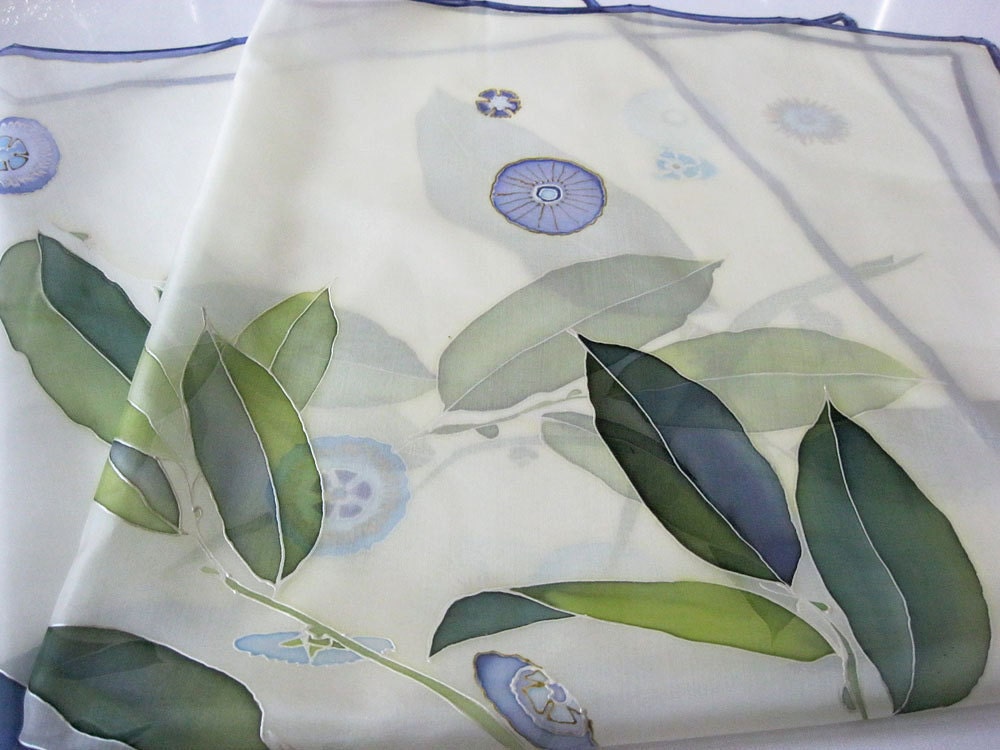 Silk scarf Hand painted - Christmas gift - Floral pastel green blue emerald - made TO ORDER - DEsilk