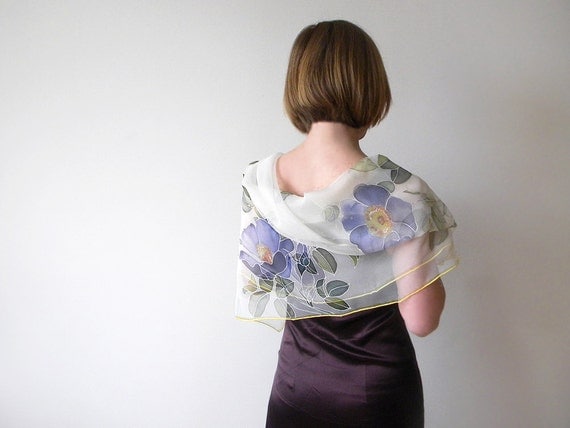 Silk chiffon scarf Hand painted Wedding accessories - White blue purple flowers - made TO ORDER