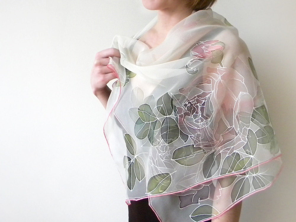 Silk chiffon scarf Hand painted Wedding accessories White pink purple roses - made TO ORDER