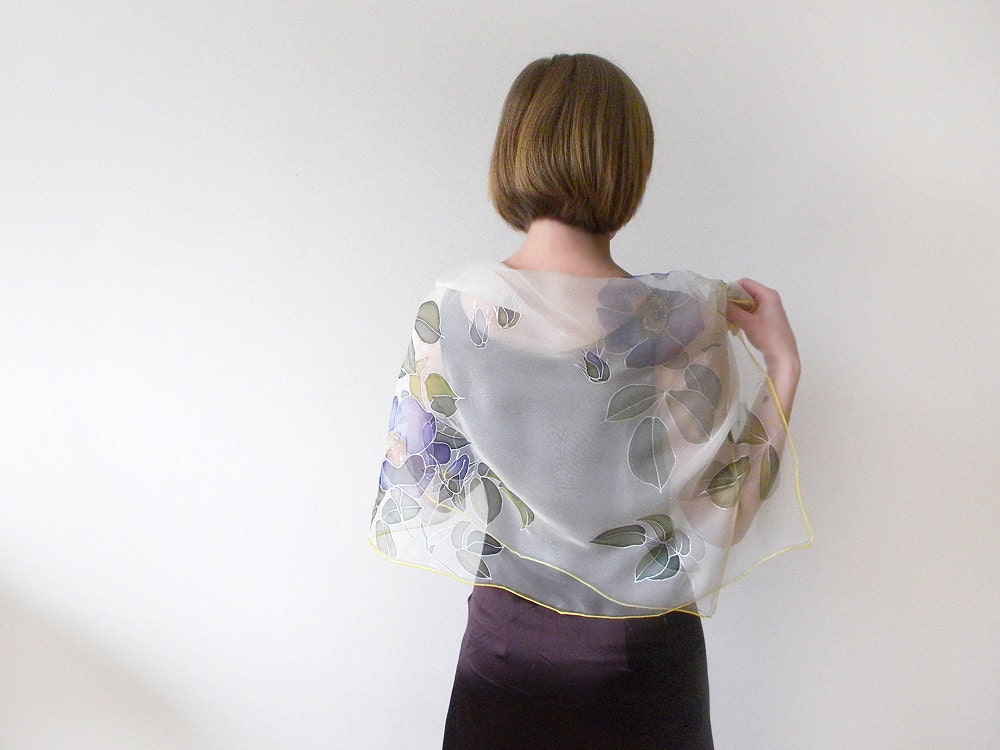 Silk chiffon scarf Hand painted Wedding accessories - White blue purple flowers - made TO ORDER