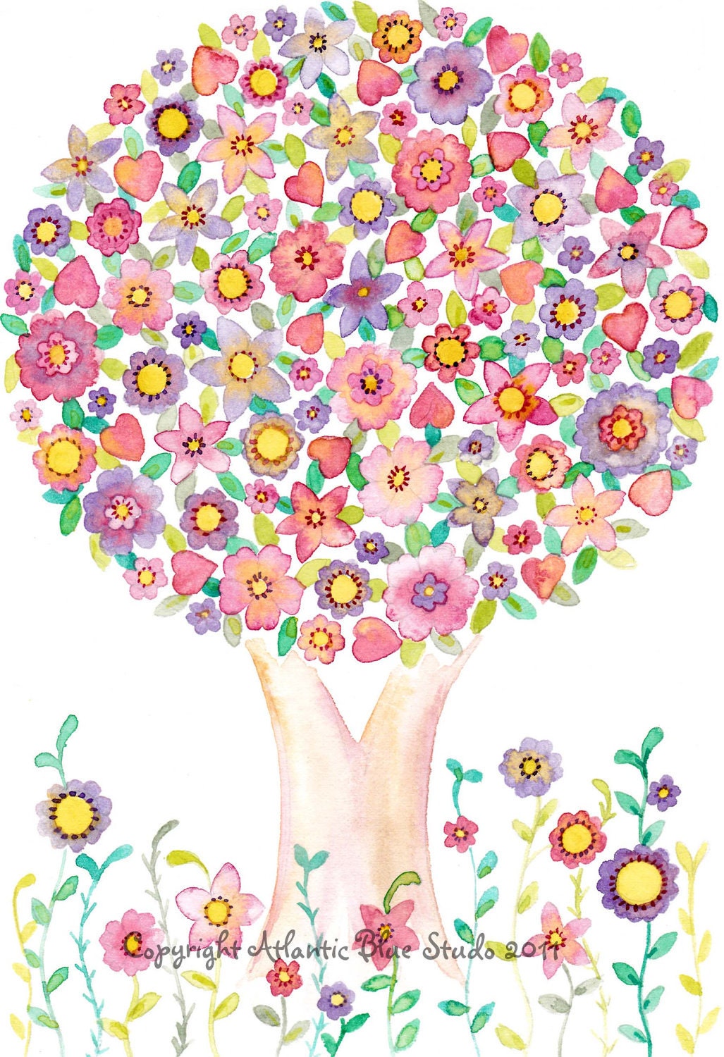Tree Love Flower Whimsical Colourful Original Water Colour