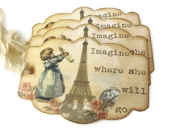 Baby Shower Tags, Baby Girl, Birth Announcement Tags, Baby Shower Wish Tags, Paris Inspired, Set of 4