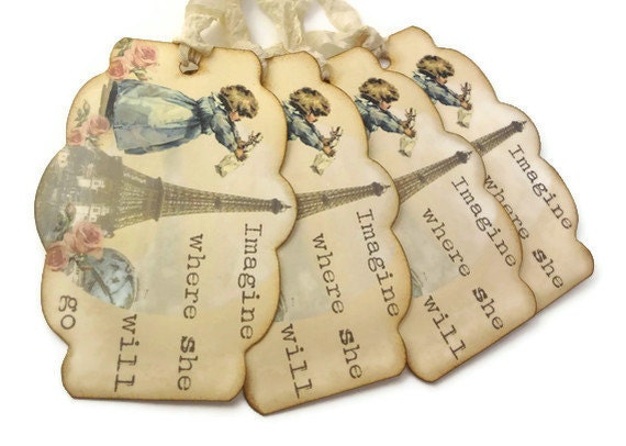 Baby Shower Tags, Baby Girl, Birth Announcement Tags, Baby Shower Wish Tags, Paris Inspired, Set of 4