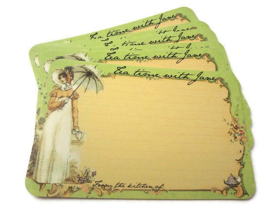Jane Austen Recipe Cards, Bridal Shower, Regency, Tea Time, Jane Austen Gifts, Victorian, 4x6 Recipe Cards, Set of 12