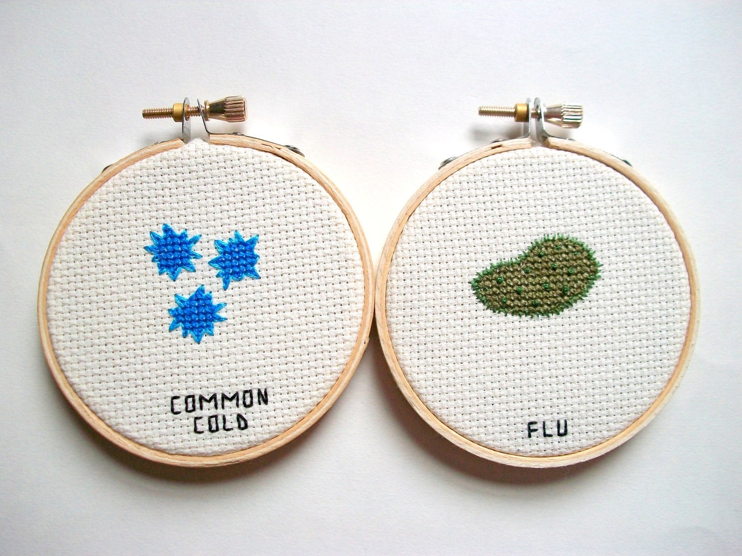 Cold and Flu cross stitch set -- instant collection of common germs, microbes for your wall, the peanut butter and jelly of sicknesses