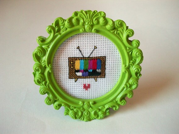 I love television -- small television cross stitch with heart, framed