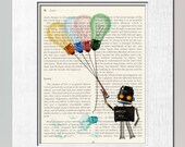 Kitsch art print Robot - with bulb balloons kids wall art PRINT, on salvaged vintage page boo,k children wall decor