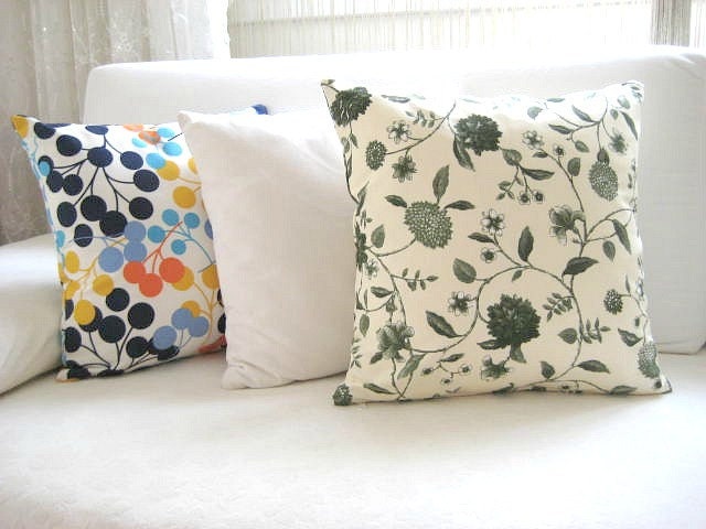 French Country Home - Linen Cream Pillow Cover with Green Floral Print - 14x14" - Gift for Her, for Mom - Ready to Ship