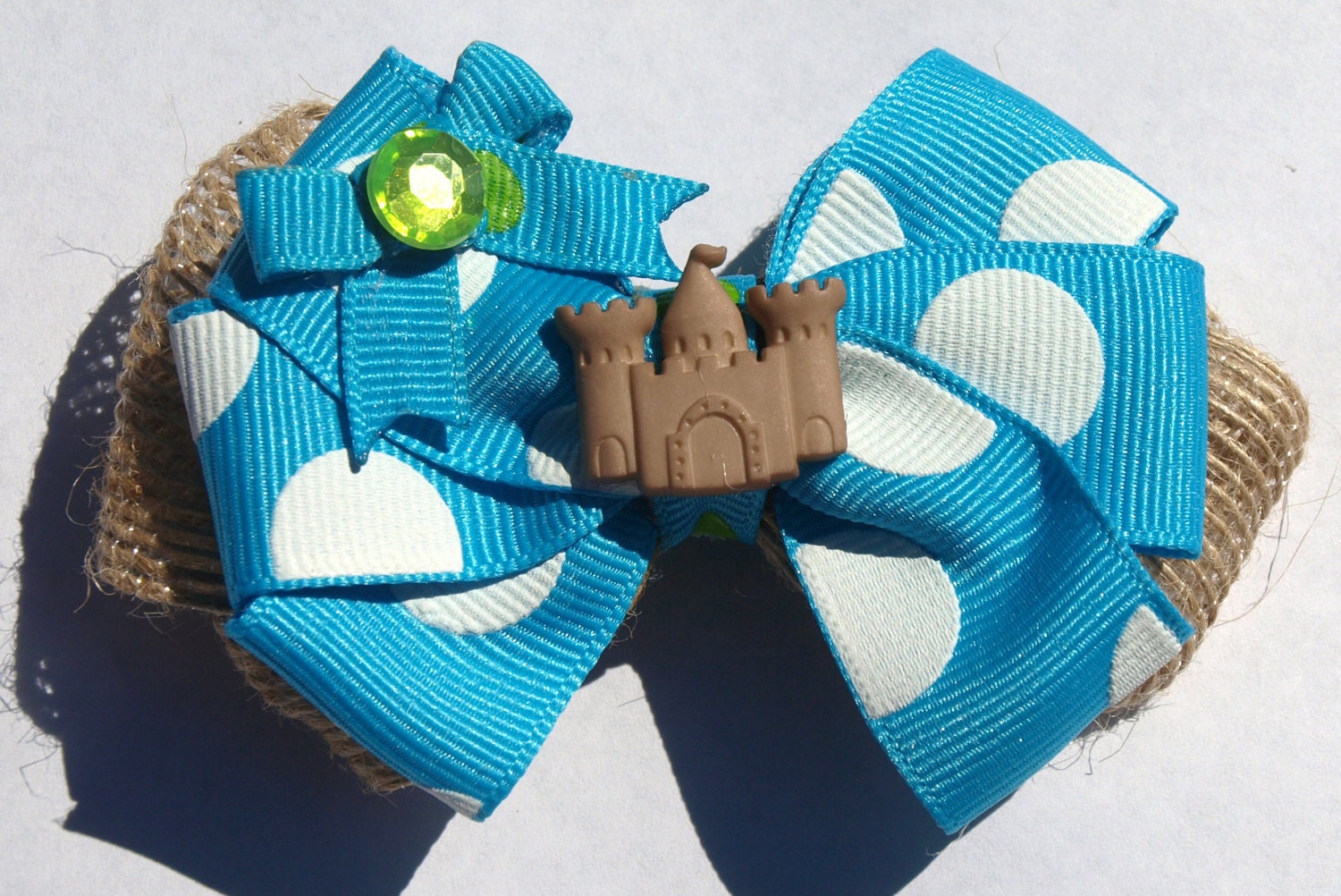 bright blue and burlap sandcastle hairbow- summer hair bows- girls accessories
