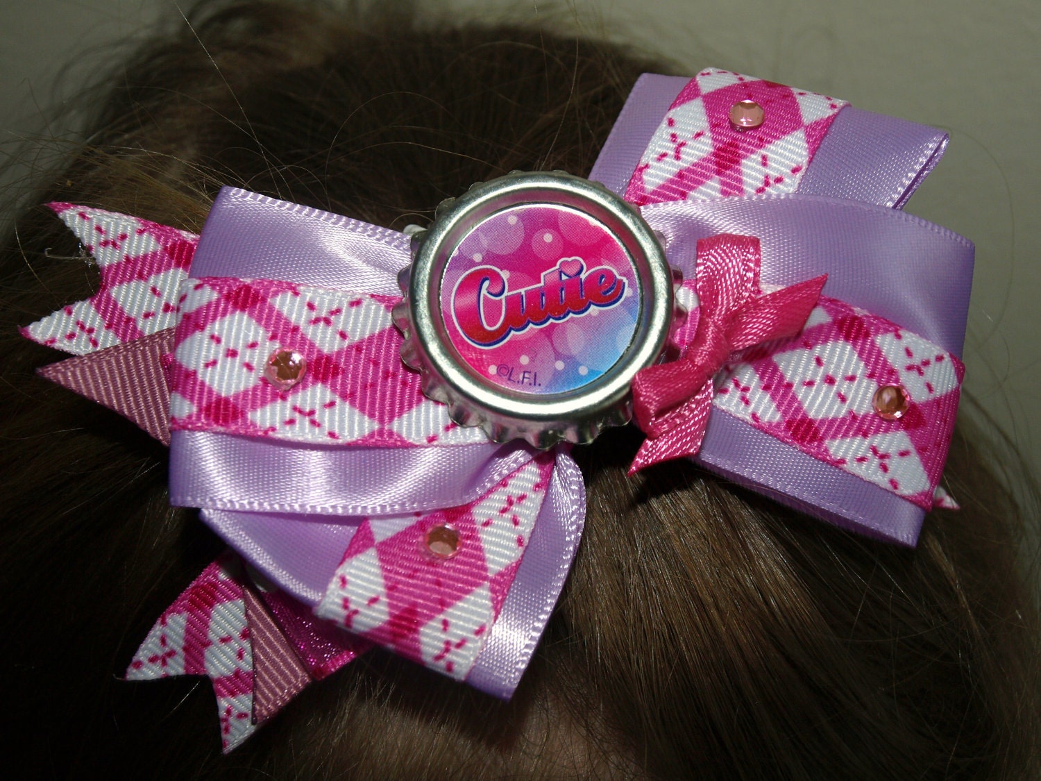 hot pink and lavender cutie bottlecap hair bow