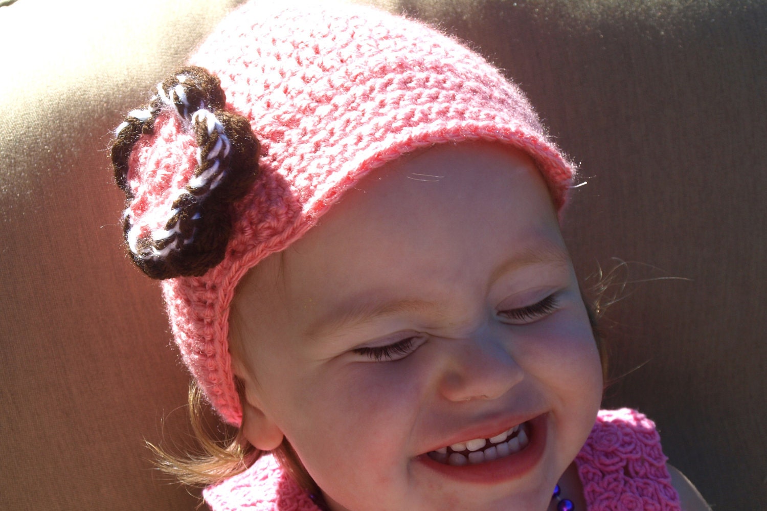 Salmon pink baby cap with brim and layered flower- baby accessories- crocheted hat