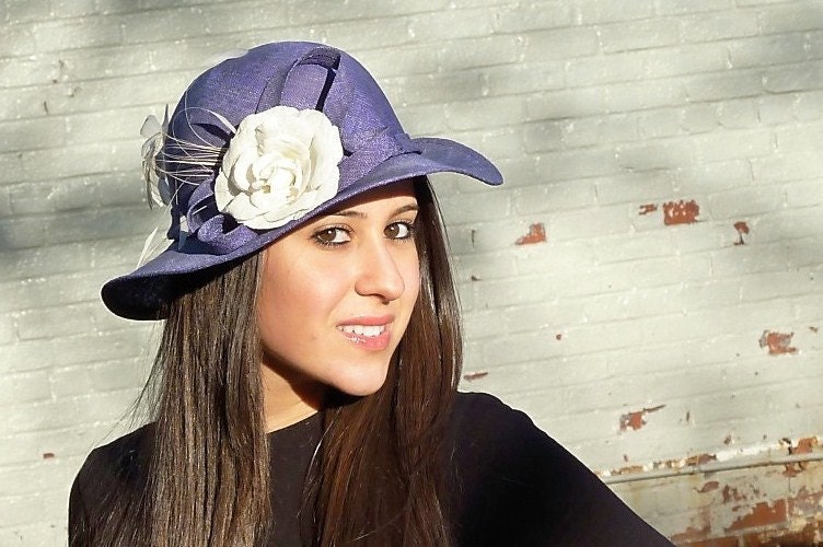 Handmade Women's Purple Straw Hat With White Rose and Feathers