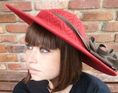 Red Hat Handmade Romantic Embossed Wide Brim Hat With Chocolate Brown Trim