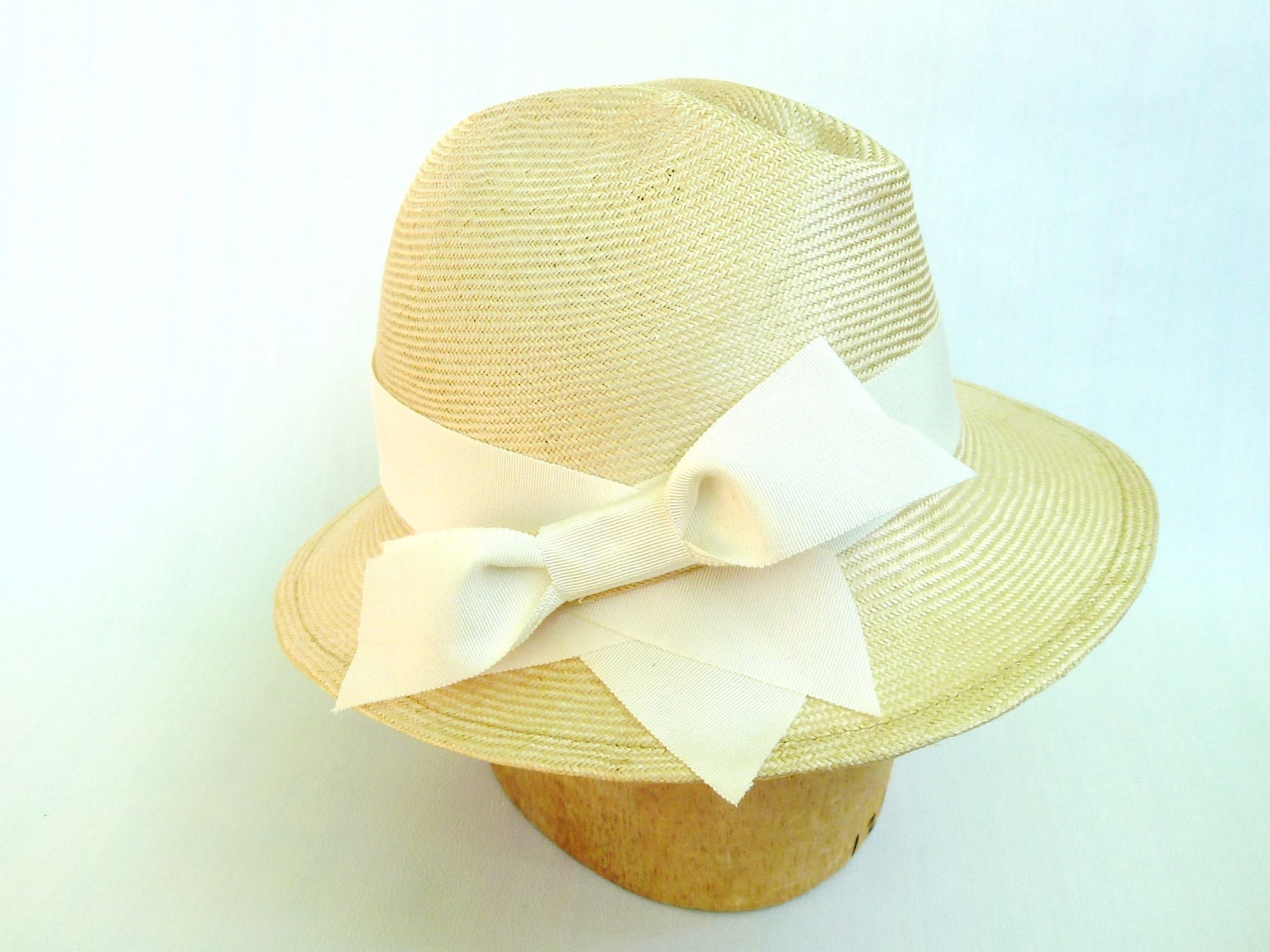Straw Fedora Hat in Natural With Winter White Grosgrain Bow