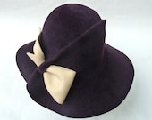 Handmade Women's Eggplant Velour Felt Floppy Brimmed Hat With Cream Felt Bow