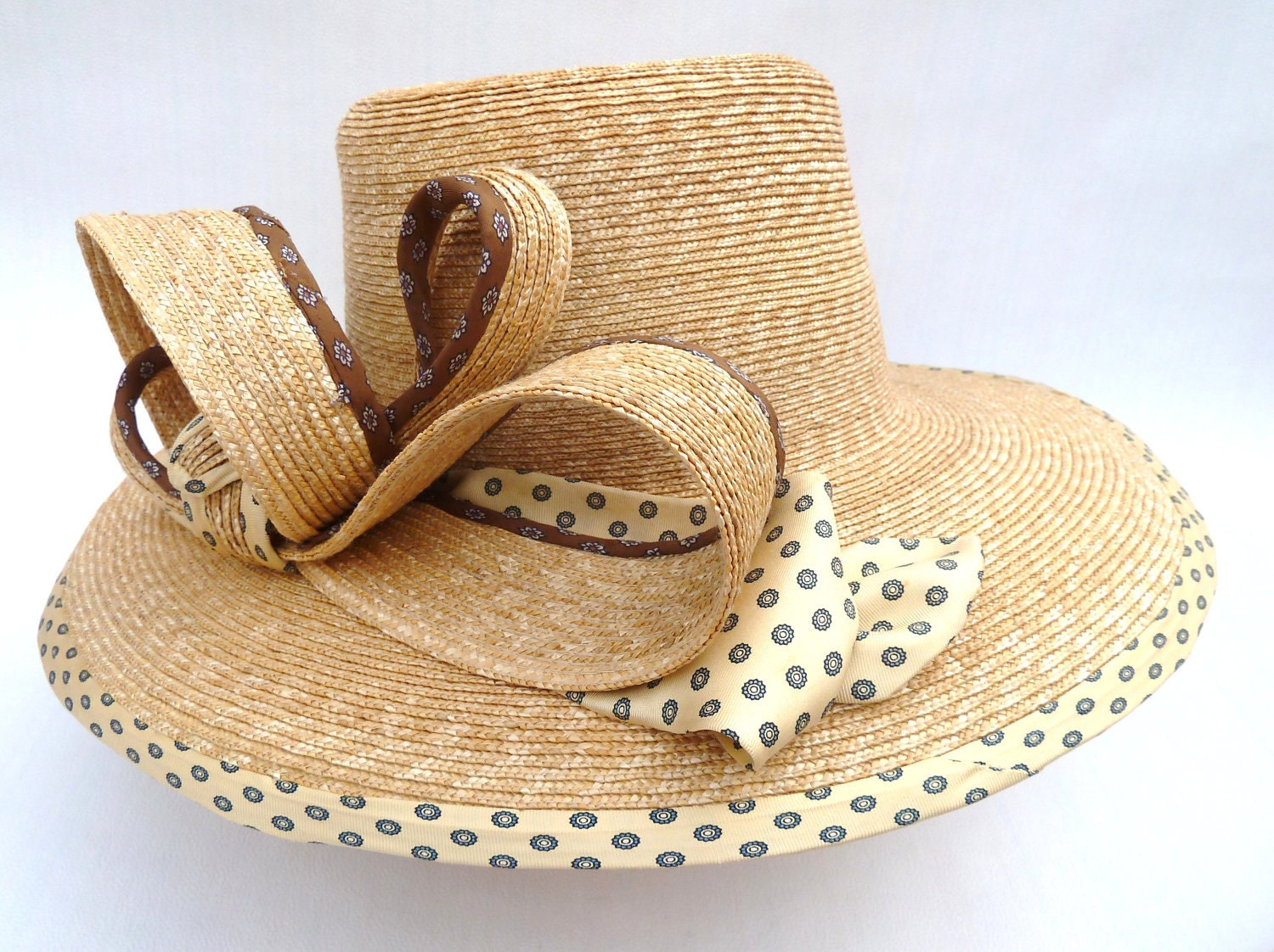 Handmade Women's Braided Straw Hat With Large Brim Trimmed With Vintage Upcycled Men's Ties Perfect Summer Hat
