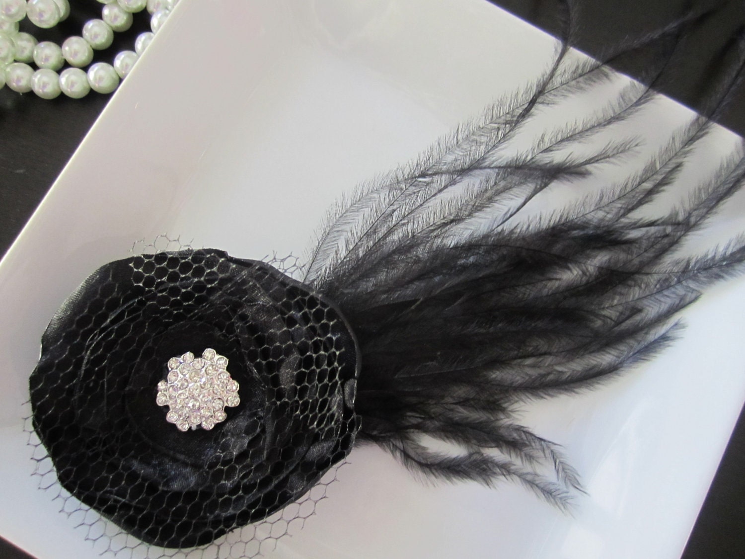 Hair Accessories-Flower Hair Clip-Black-Feathers-Handmade-Bridesmaid-Wedding-Prom-Formal-Hair Facinators-Adults-Flowers for Hair