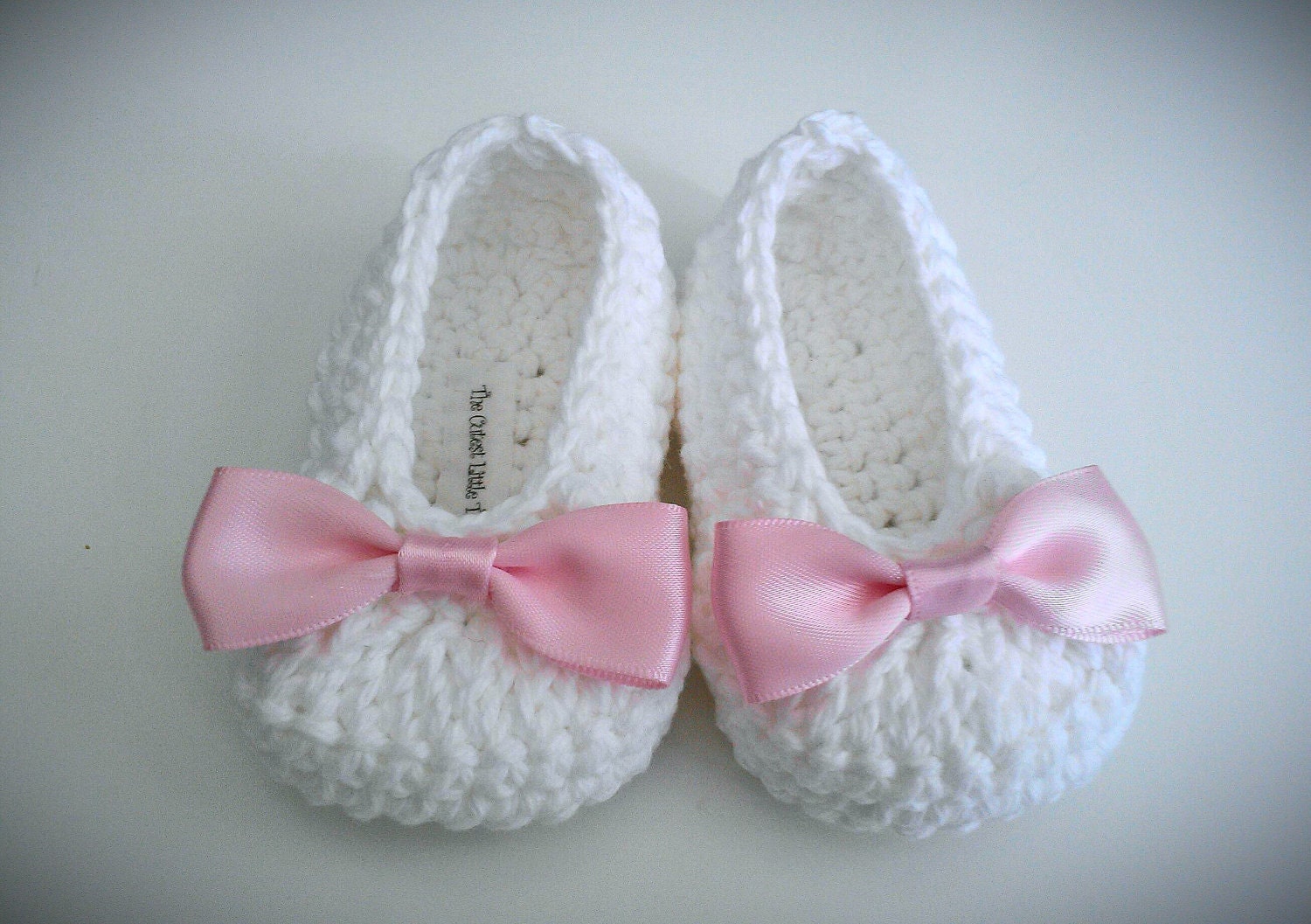 White Crochet Baby Booties, Christening, Baptism, Pink Bow Crochet Booties, Baby Girl Booties