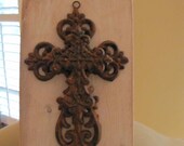 Wooden jewelry display, Organize with cast iron hooks, crystal knobs, Stained wood, Cast iron cross, Vintage, Shabby Chic, The Charming Wall