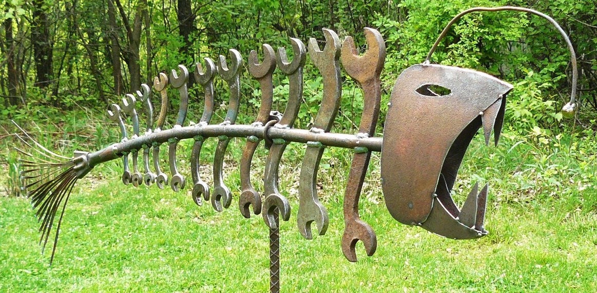 Found object welded garden art fish, Gone COASTAL