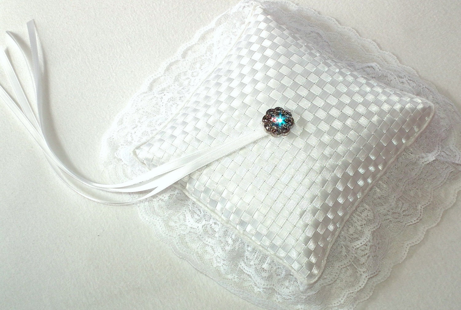 Ring bearer pillow, snow white hand-woven satin ribbons, classic, traditional wedding