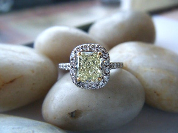 Fancy Yellow Diamond Engagement Ring Diamond Halo 14k White Gold