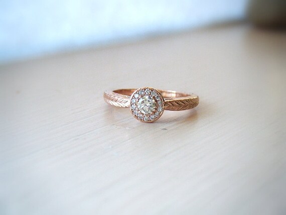 Diamond Engagement Ring Diamond Halo 14K Rose Gold Pink Gold Hand Engraved
