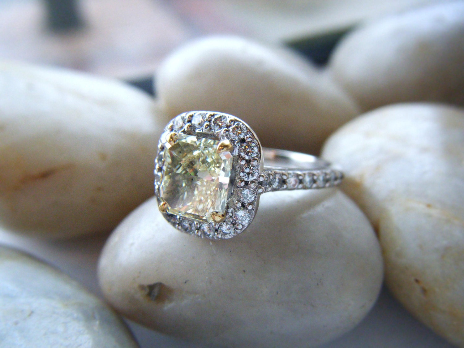 Fancy Yellow Diamond Engagement Ring Diamond Halo 14k White Gold
