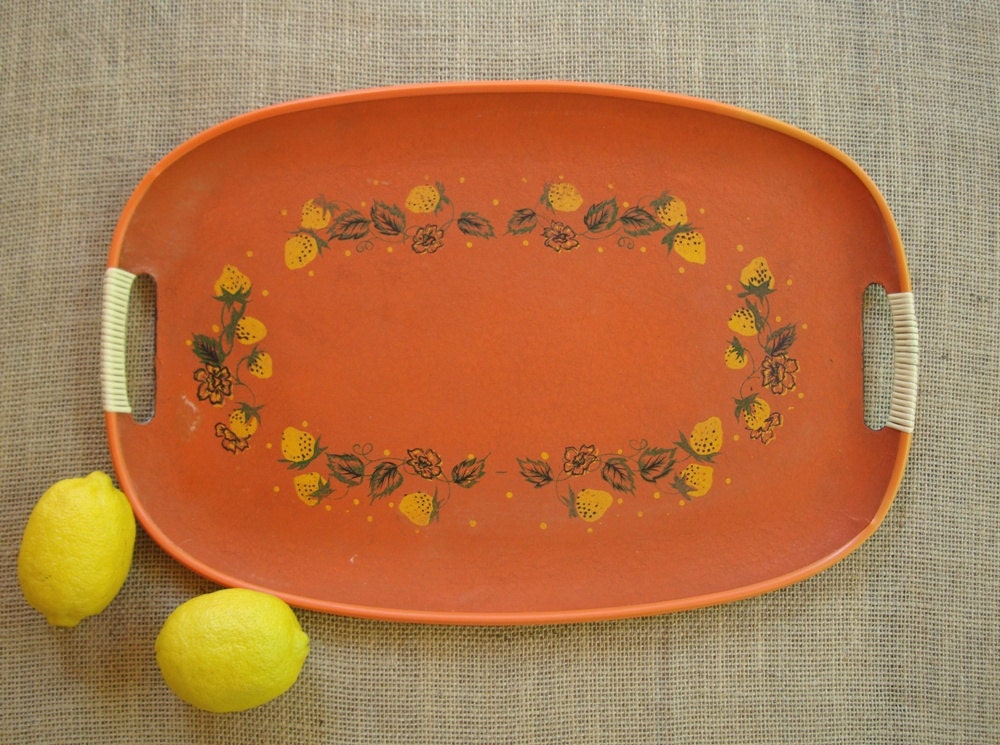 Mid Century Orange BERRIES SERVING TRAY with Rattan Handles- Vintage Summer Housewares