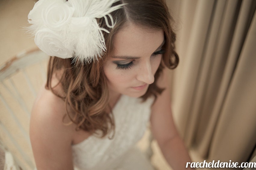 Feather Fascinator, White - Flower Fascinator, white - White Bridal Fascinator