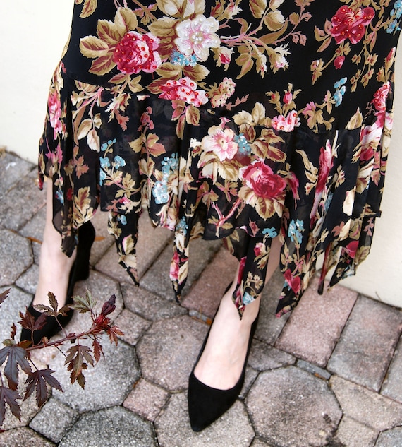 Flowy Black Based Floral Maxi Skirt with Feathered Hem