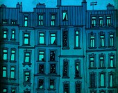 Paris facade  - Paris illustration - art print,Paris Fine Art illustration,Paris decor,turquoise,blue,France,French fine art,Paris wall art