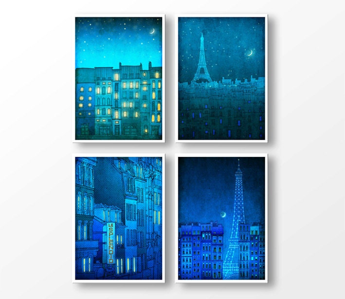SET of any FOUR 5x7" fine art illustration prints - Art illustration print,Paris print, Blue Paris illustration, French fine art, France