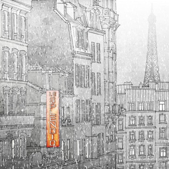 Winter in Paris - Paris illustration - Paris art illustration print - Paris decor -Love, grey, white, Eiffel tower,Paris,France, French