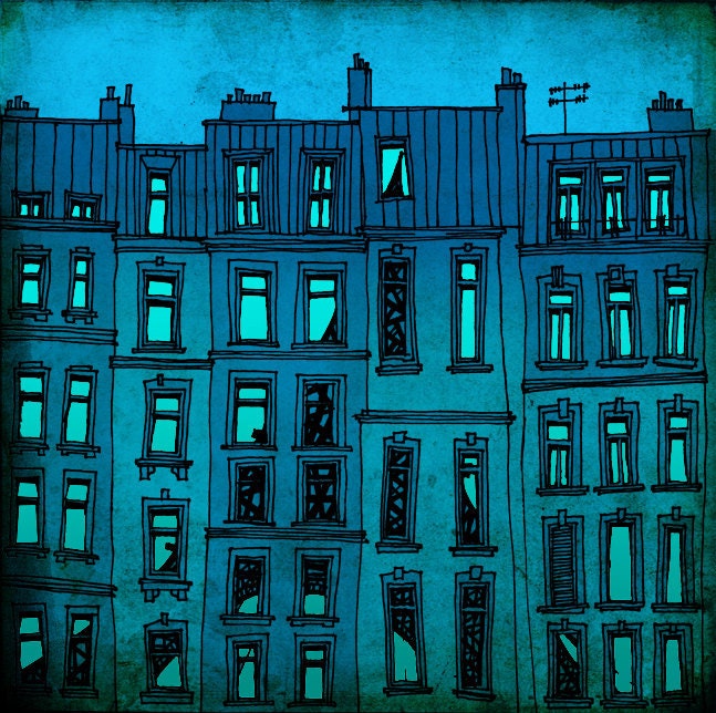 Paris facade  - Paris illustration - art print,Paris Fine Art illustration,Paris decor,turquoise,blue,France,French fine art,Paris wall art
